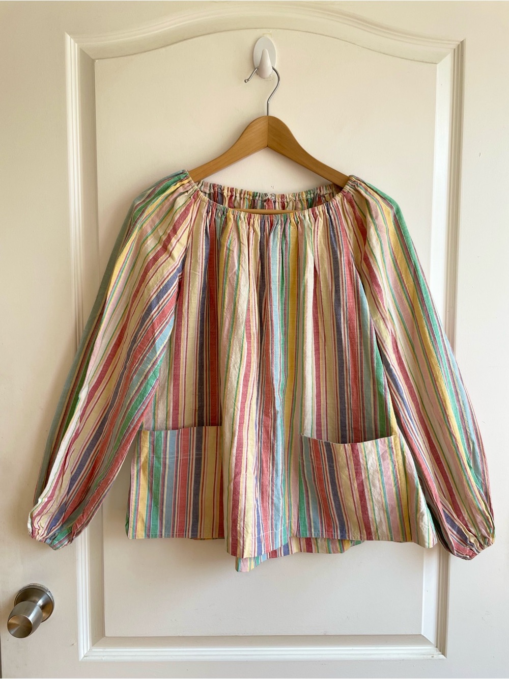 Womens Vintage 60s Retro Boxy Babydoll Style Top Balloon Sleeves Rainbow Stripe